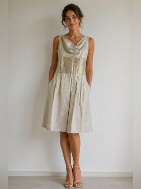 Adrianna Papell silver gold Metallic Sleeveless drape Cocktail Dress Size 8